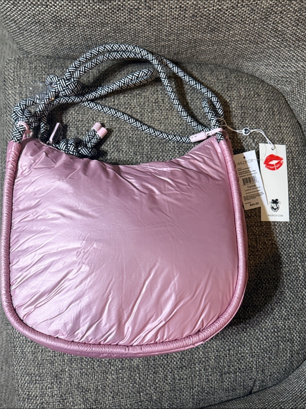 NWT Wildfox Rose Clair Puffer Metallic Nylon Crossbody Rope Strap
